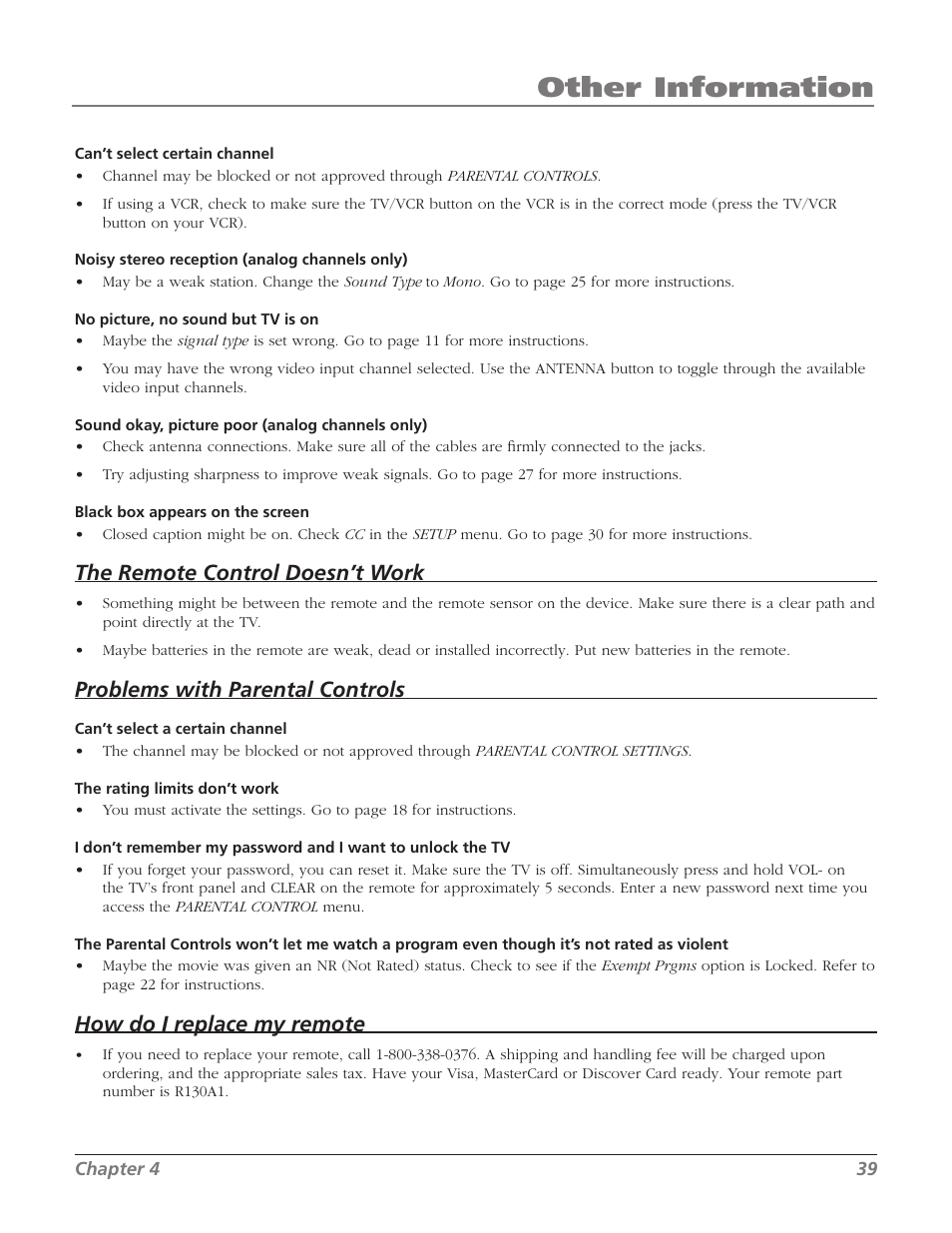 Other information, The remote control doesn’t work, Problems with parental controls | How do i replace my remote | RCA SDTV 27V514T User Manual | Page 41 / 48