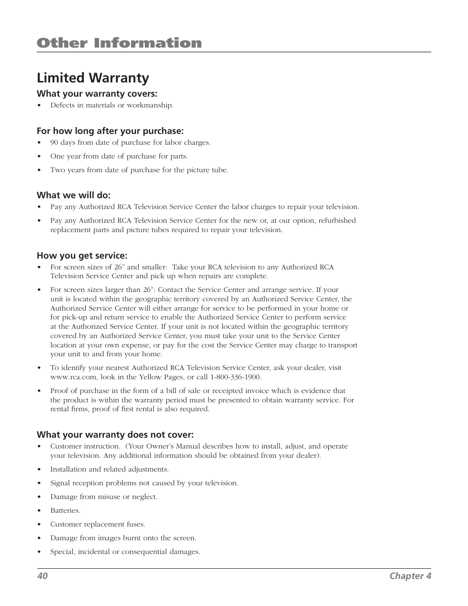 Limited warranty, Other information | RCA SDTV 27V514T User Manual | Page 42 / 48