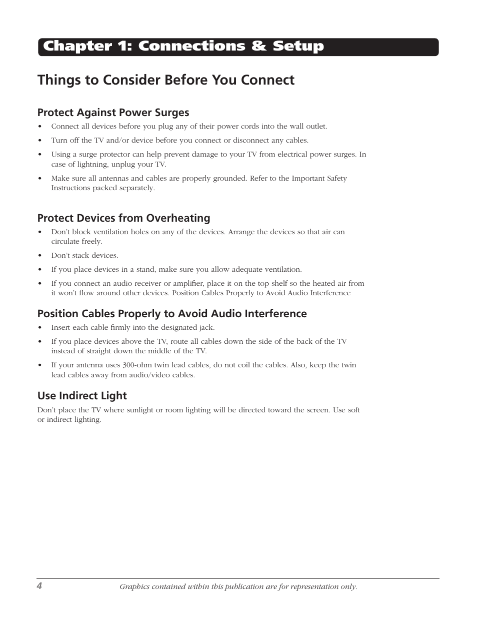 Things to consider before you connect, Chapter 1: connections & setup, Protect against power surges | Protect devices from overheating, Use indirect light | RCA SDTV 27V514T User Manual | Page 6 / 48