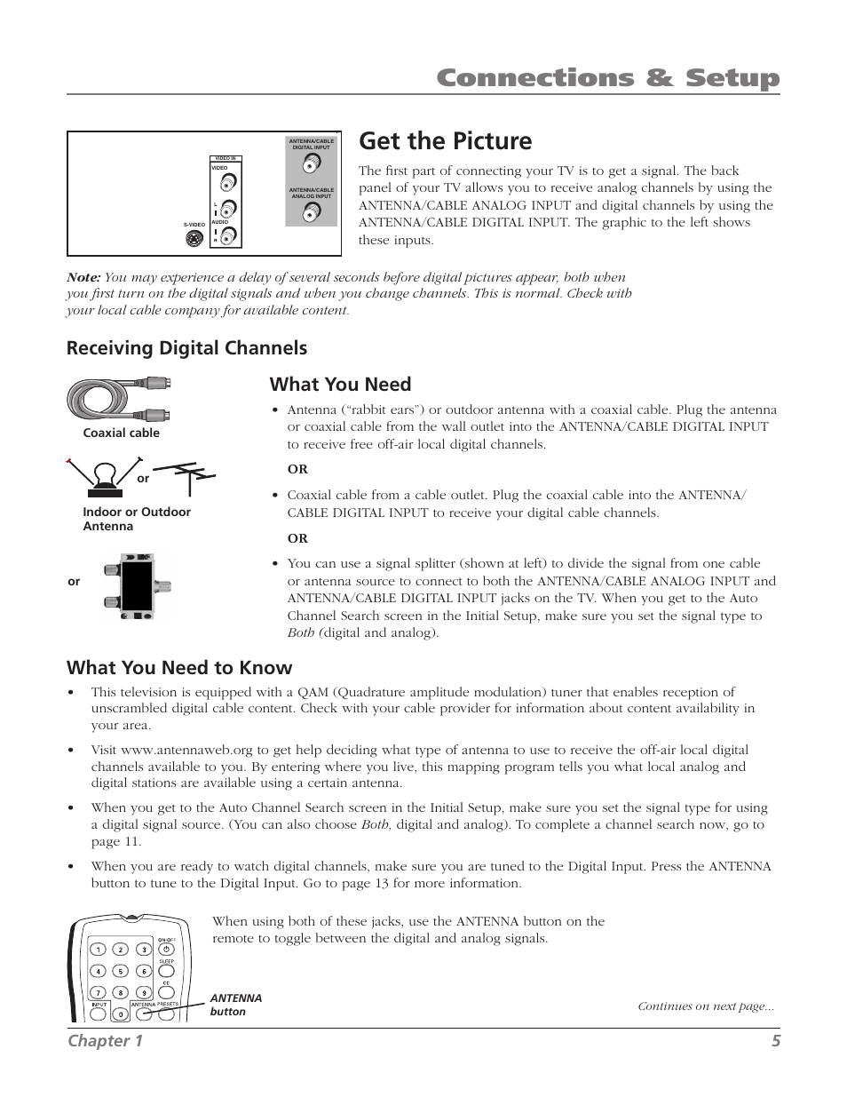 Get the picture, Connections & setup, What you need to know | Receiving digital channels, What you need, Chapter 1 5 | RCA SDTV 27V514T User Manual | Page 7 / 48