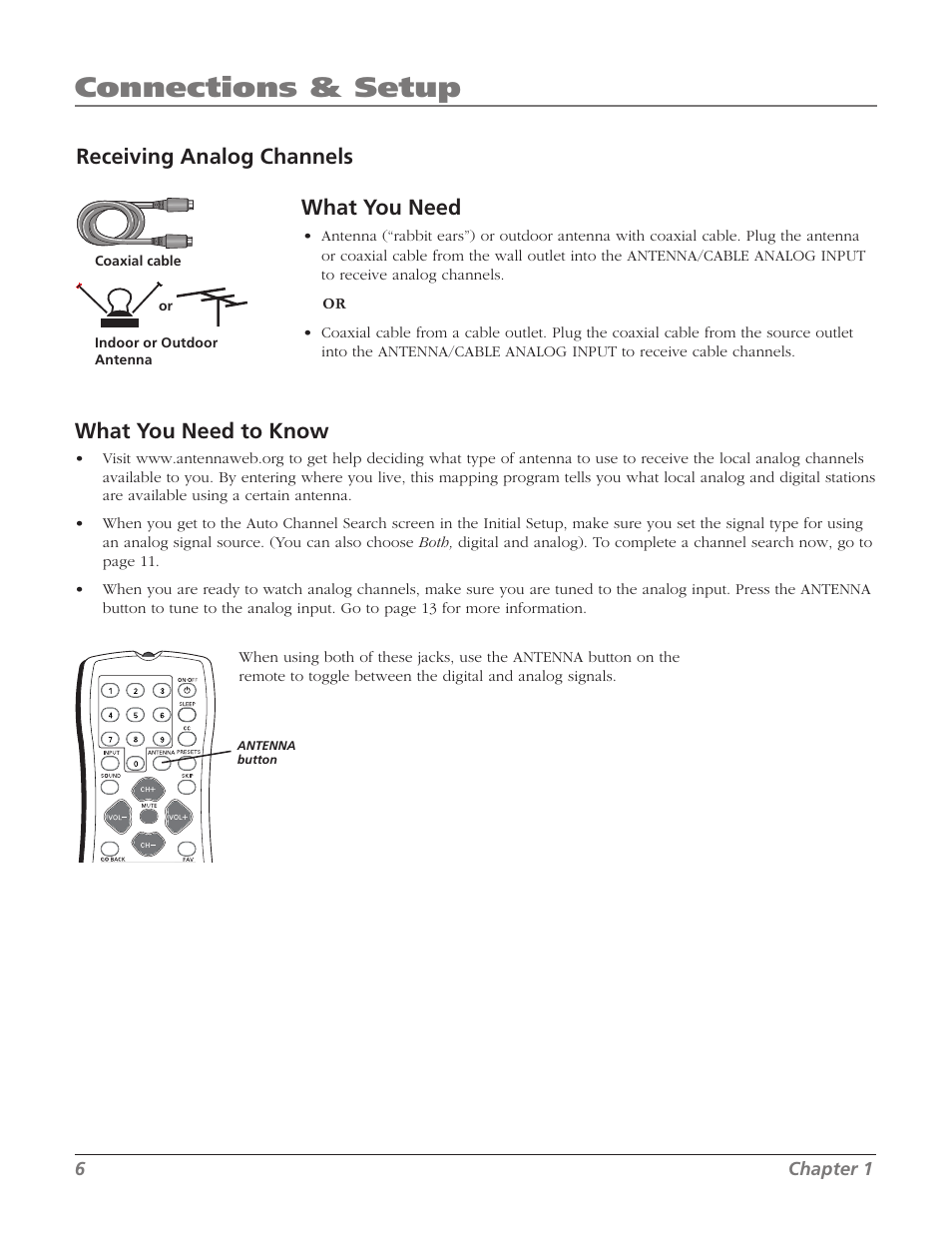 Connections & setup, What you need to know, What you need | Receiving analog channels | RCA SDTV 27V514T User Manual | Page 8 / 48