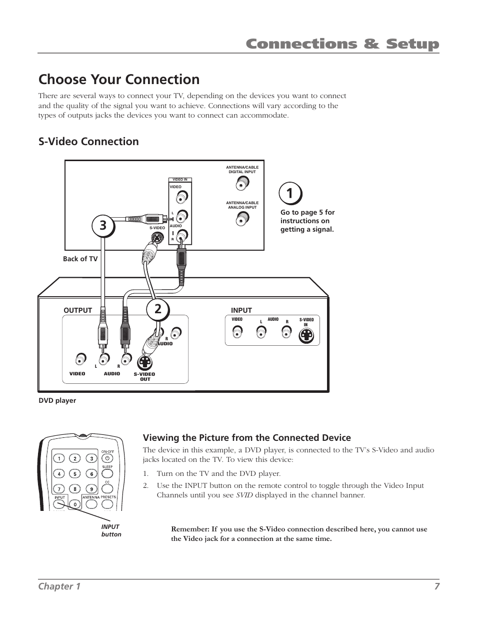 Choose your connection, Connections & setup, S-video connection | Viewing the picture from the connected device, Chapter 1 7 | RCA SDTV 27V514T User Manual | Page 9 / 48