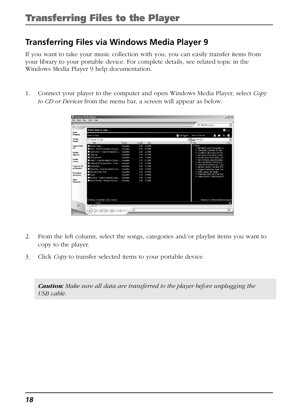 Transferring files via windows media player 10, Transferring files to the player, Transferring files via windows media player 9 | RCA CTM-980723-KS5 User Manual | Page 18 / 40