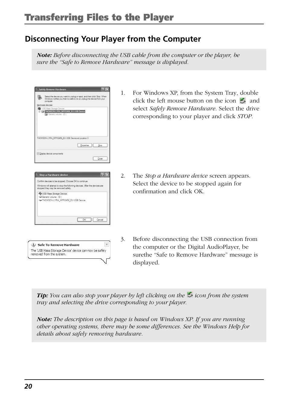 Disconnecting your player from the computer, Transferring files to the player | RCA CTM-980723-KS5 User Manual | Page 20 / 40