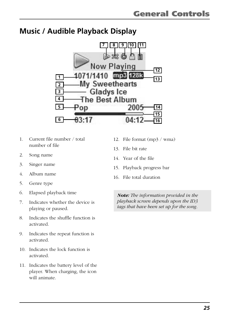 Music / audible playback display, General controls | RCA CTM-980723-KS5 User Manual | Page 25 / 40