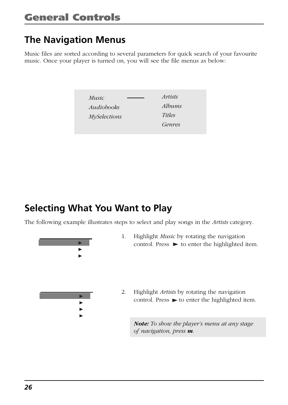 The navigation menus, Selecting what you want to play, General controls selecting what you want to play | RCA CTM-980723-KS5 User Manual | Page 26 / 40