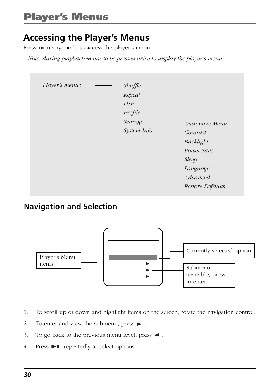 Accessing the player’s menus, Navigation and selection, Player’s menus | RCA CTM-980723-KS5 User Manual | Page 30 / 40