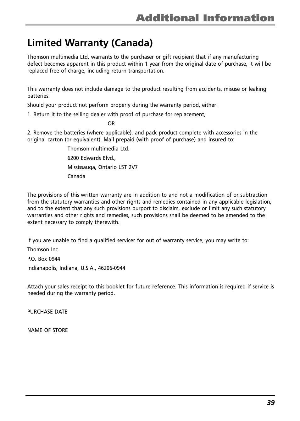 Limited warranty (canada), Additional information limited warranty (canada) | RCA CTM-980723-KS5 User Manual | Page 39 / 40