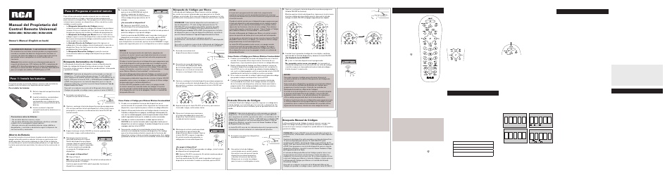 Paso 1: instale las baterías, Paso 2: programe el control remoto, Búsqueda de códigos por marca | Entrada directa de códigos, Búsqueda manual de códigos, Ahorro de batería, Búsqueda automática de códigos | RCA RCR412SIN User Manual | Page 3 / 4