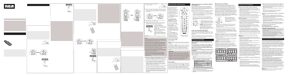 Cuidado y mantenimiento, Recuperación de códigos, Cómo salir del modo menú/guía | Luz de fondo, Cómo cambiar el tipo de dispositivo de una tecla | RCA RCR412SIN User Manual | Page 4 / 4