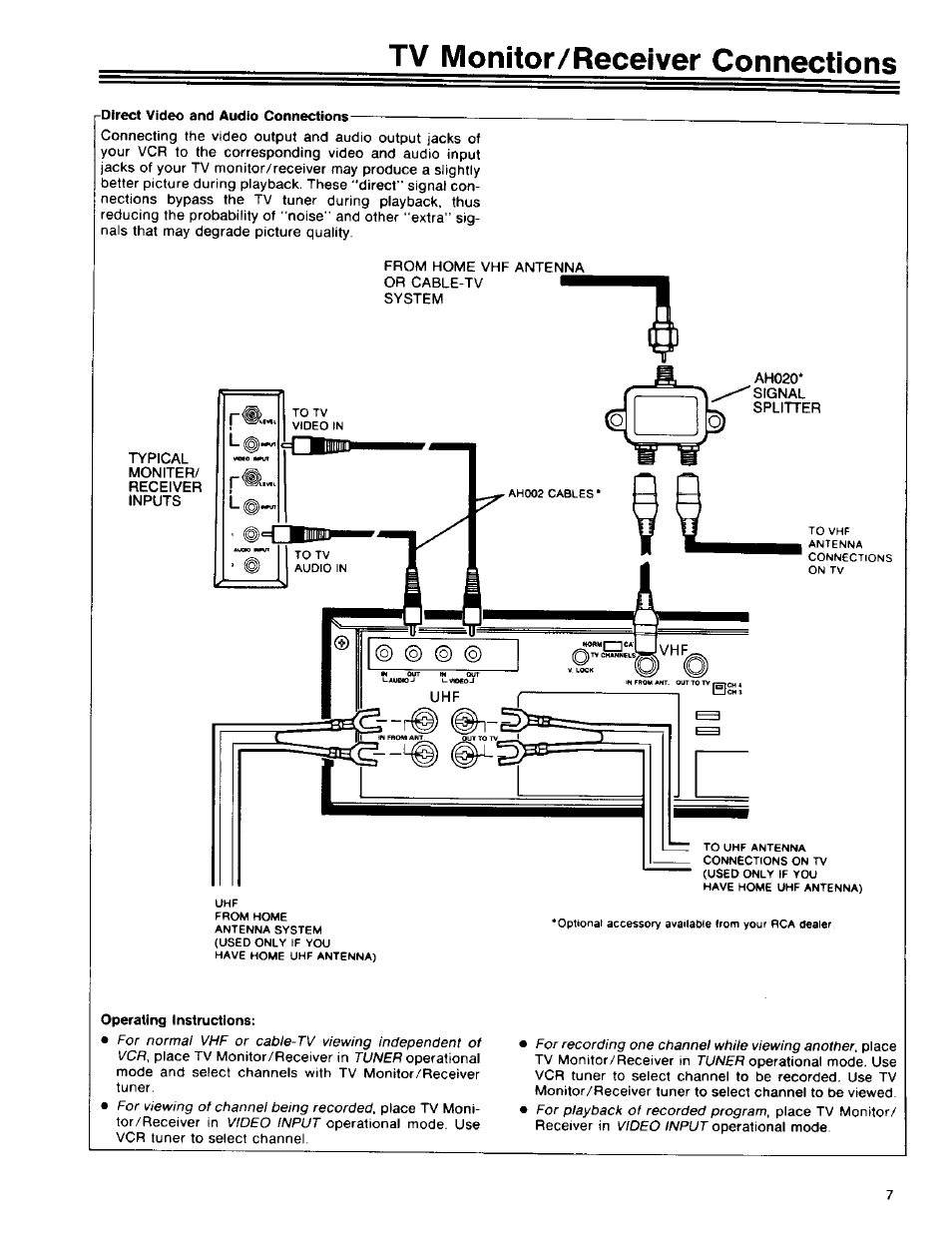 Tv monitor/receiver connections, J-direct video and audio connections, Operating instructions | RCA 390 User Manual | Page 10 / 30