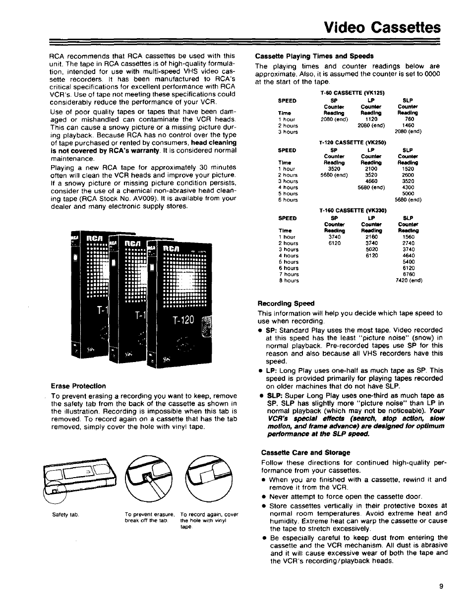 Erase protection, Cassette playing times and speeds, Recording speed | Cassette care and storage, Video cassettes | RCA 390 User Manual | Page 11 / 30