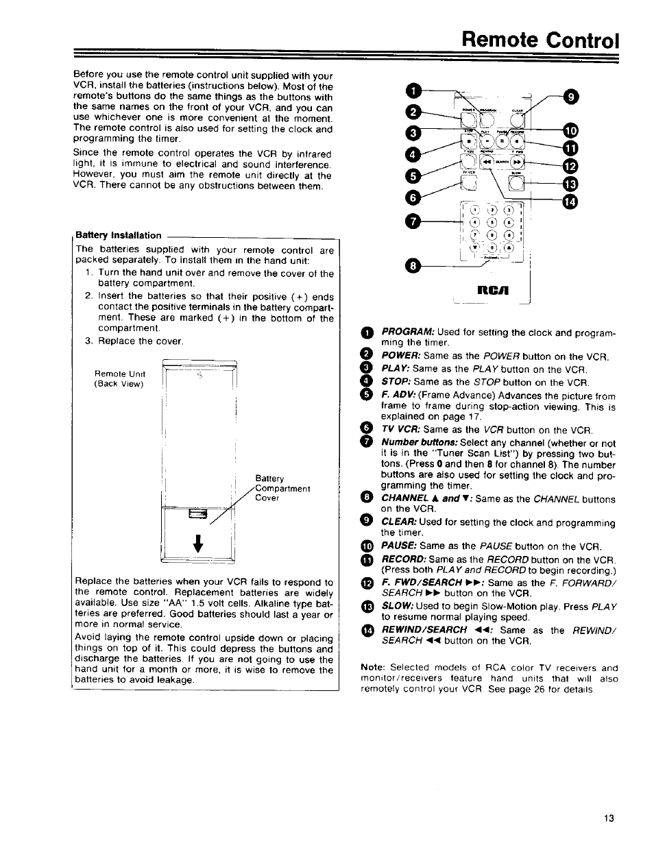 Battery installation, Remote control | RCA 390 User Manual | Page 15 / 30