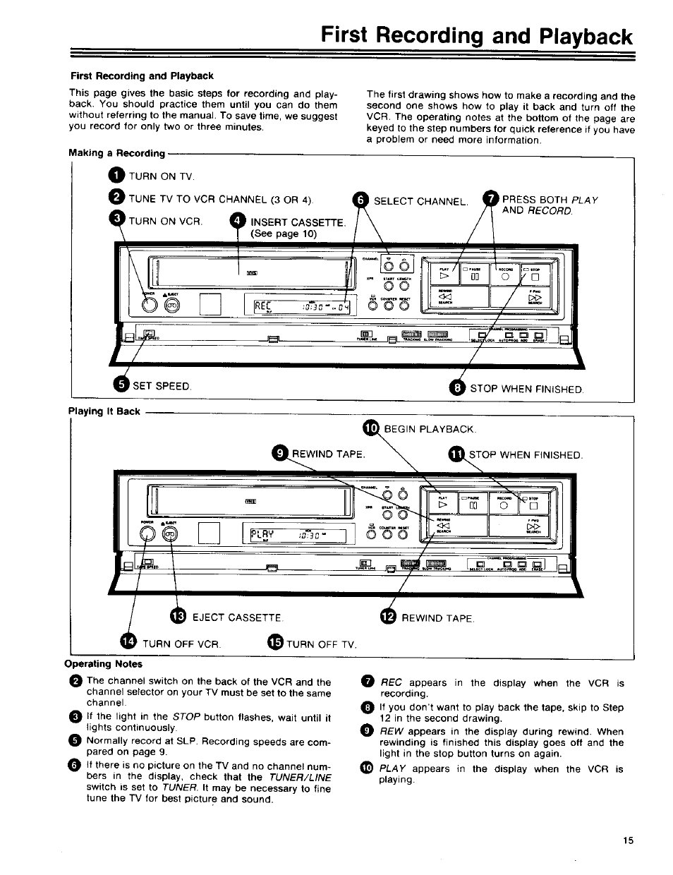 First recording and playback, Making a recording, Playing it back | Operating notes, First recording and piayback | RCA 390 User Manual | Page 17 / 30