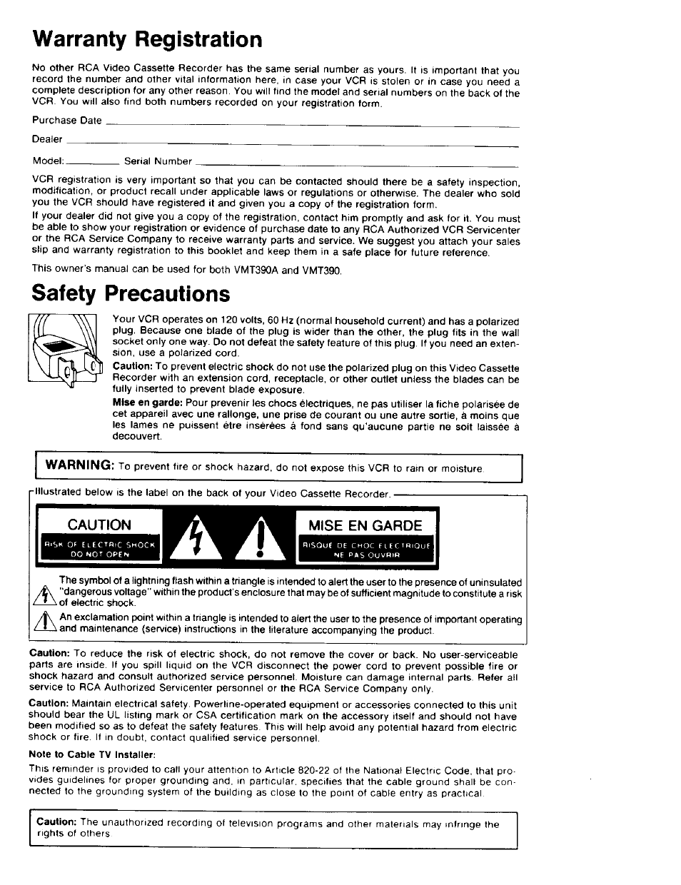 Safety precautions, Warranty registration | RCA 390 User Manual | Page 2 / 30