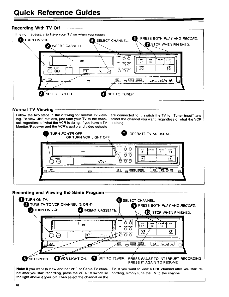 Quick reference guides, Formal tv viewing, Recording and viewing the same program | RCA 390 User Manual | Page 20 / 30