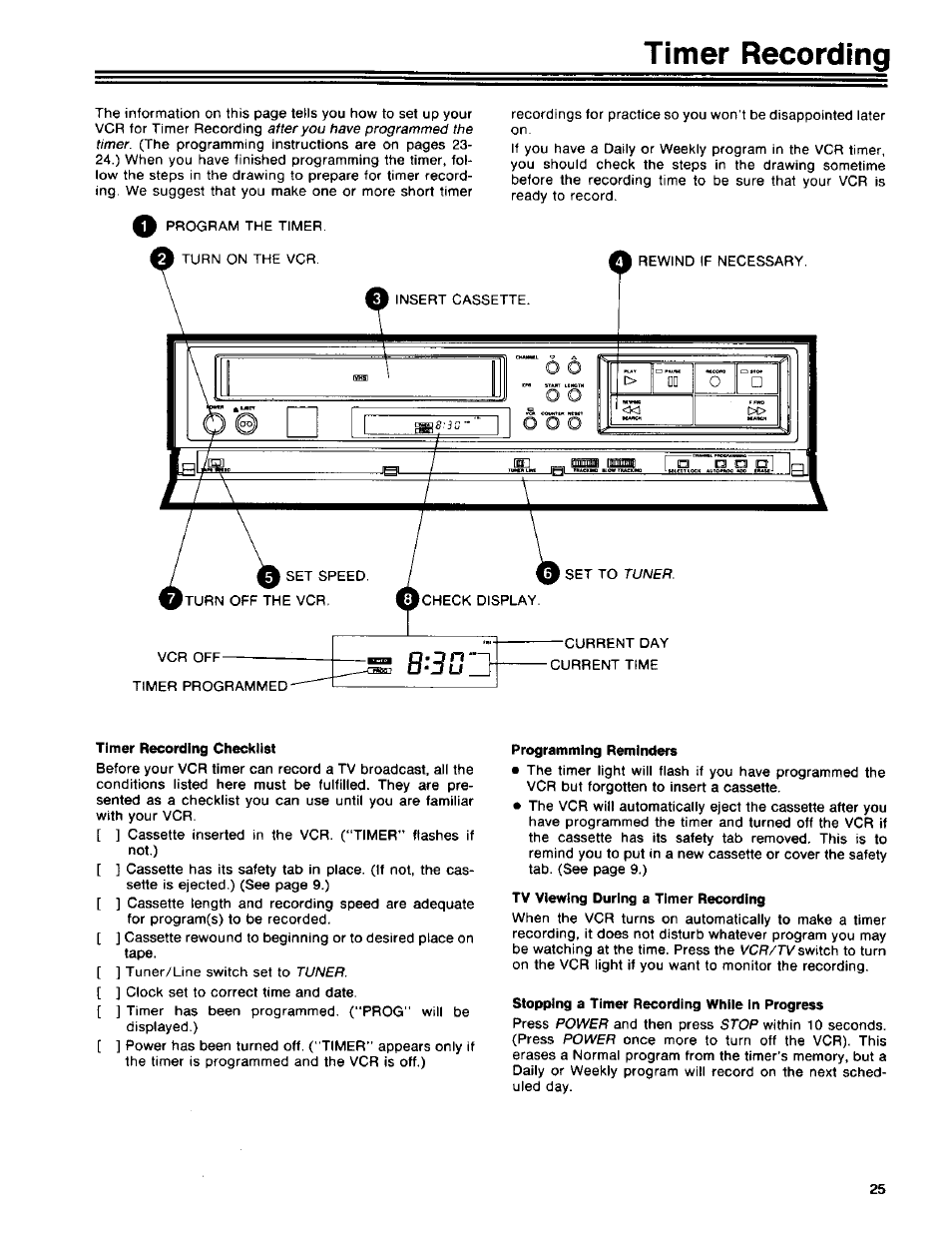 Timer recording checkiist, Programming reminders, Stopping a timer recording while in progress | Timer recording | RCA 390 User Manual | Page 27 / 30