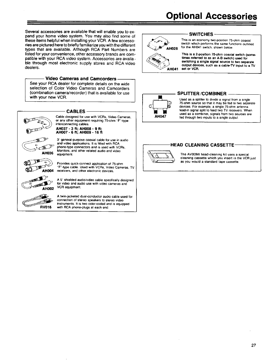 Video cameras and camcorders, Switches, Cables | Optional accessories | RCA 390 User Manual | Page 29 / 30