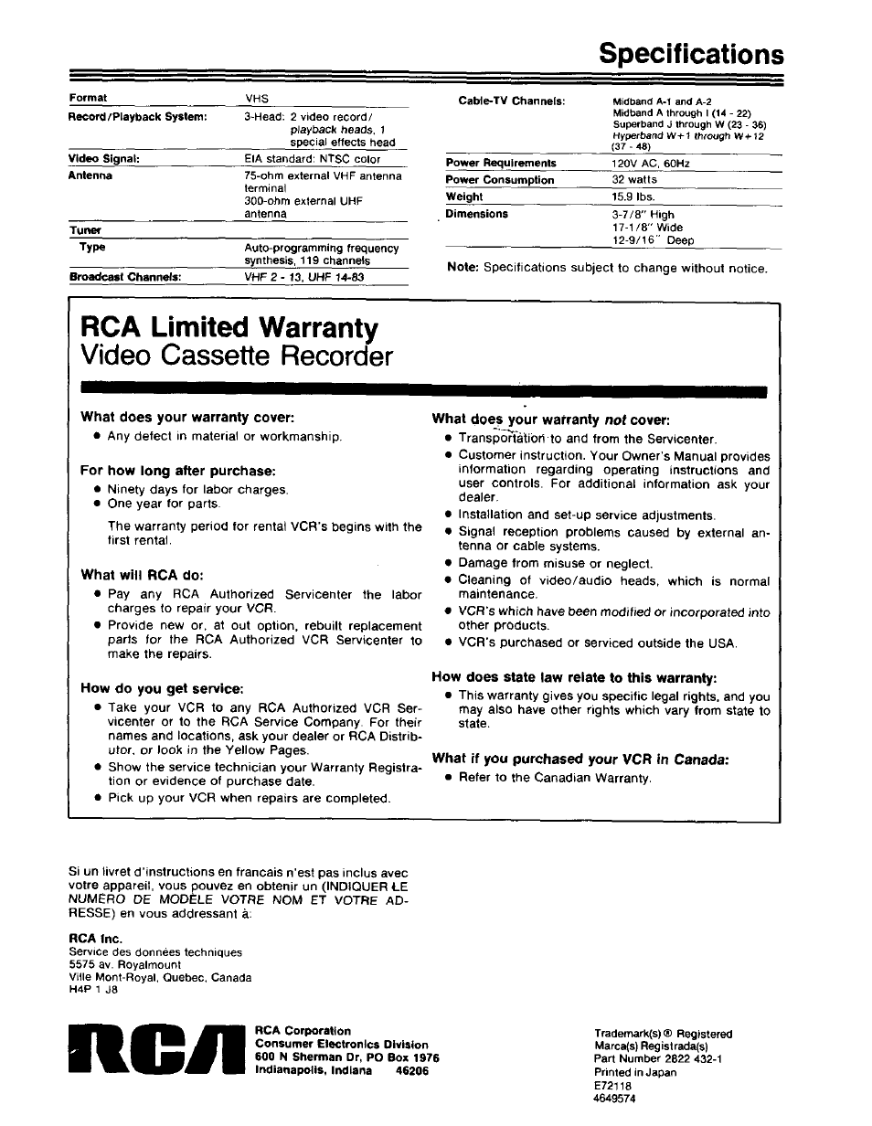 Specifications, Rca limited warranty, What does your warranty cover | For how long after purchase, What will rca do, How do you get service, What does your warranty nof cover, How does state law relate to this warranty, What if you purchased your vcr in canada, Rca limited warranty video cassette recorder | RCA 390 User Manual | Page 30 / 30