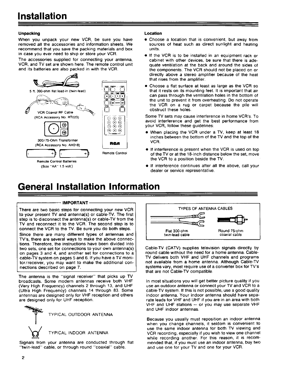 Installation, Unpacking, General installation information | RCA 390 User Manual | Page 4 / 30