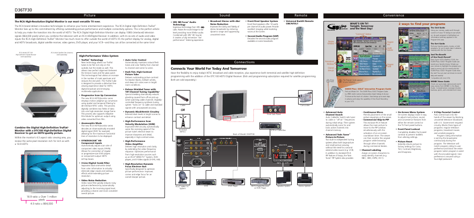 D36tf30, Convenience picture remote sound connections, Connects your world for today and tomorrow | 2 ways to find your programs | RCA TruFlat D36TF30 User Manual | Page 2 / 6