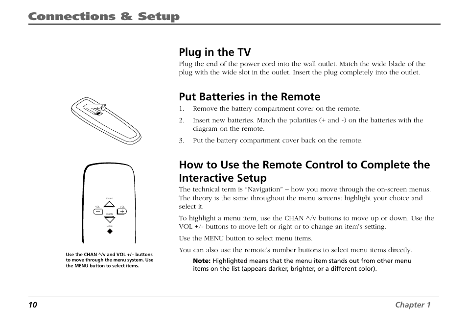 Connections & setup, Plug in the tv, Put batteries in the remote | RCA F19431 User Manual | Page 12 / 52