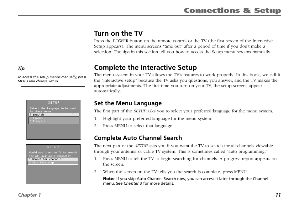 Complete the interactive setup, Connections & setup, Turn on the tv | Set the menu language, Complete auto channel search | RCA F19431 User Manual | Page 13 / 52