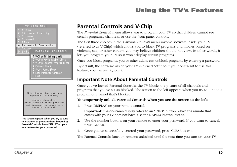 Parental controls and v-chip, Important note about parental controls, Using the tv’s features | RCA F19431 User Manual | Page 17 / 52