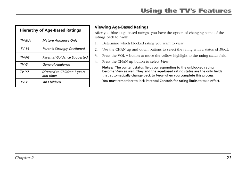 Viewing age-based ratings, Using the tv’s features | RCA F19431 User Manual | Page 23 / 52