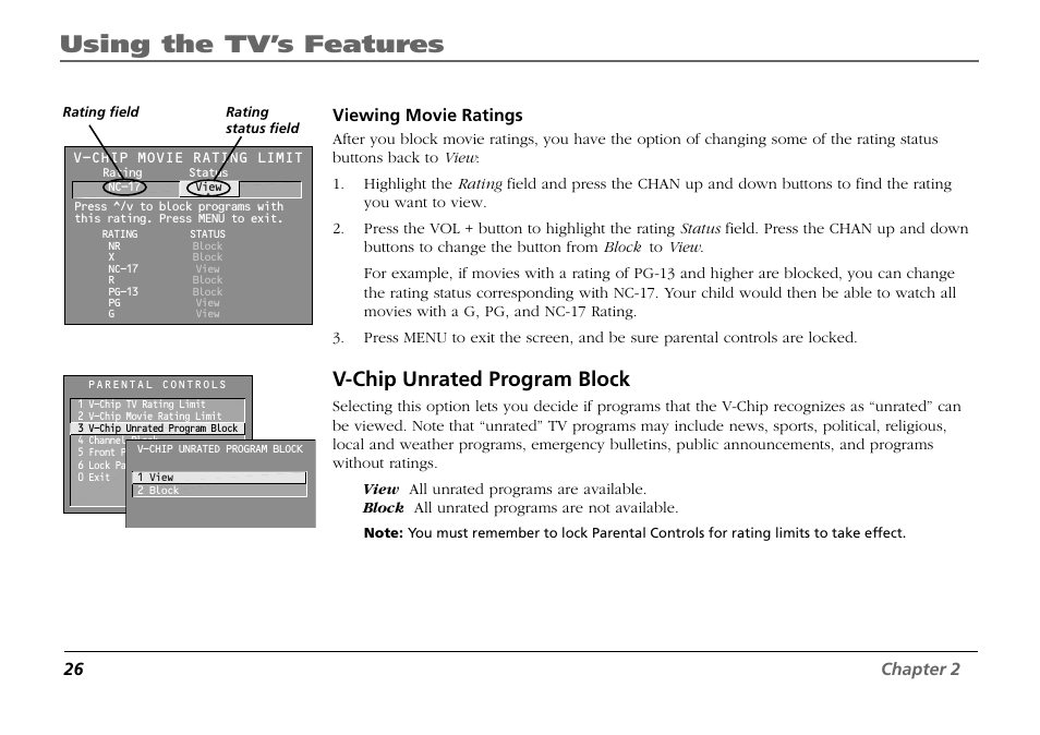 Viewing movie ratings, V-chip unrated program block, Using the tv’s features | 26 chapter 2 | RCA F19431 User Manual | Page 28 / 52