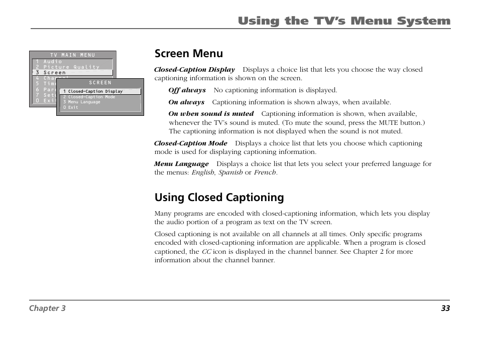 Screen menu, Using closed captioning, Using the tv’s menu system | RCA F19431 User Manual | Page 35 / 52