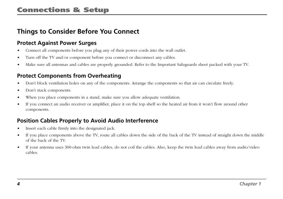 Things to consider before you connect, Connections & setup, Protect against power surges | Protect components from overheating | RCA F19431 User Manual | Page 6 / 52