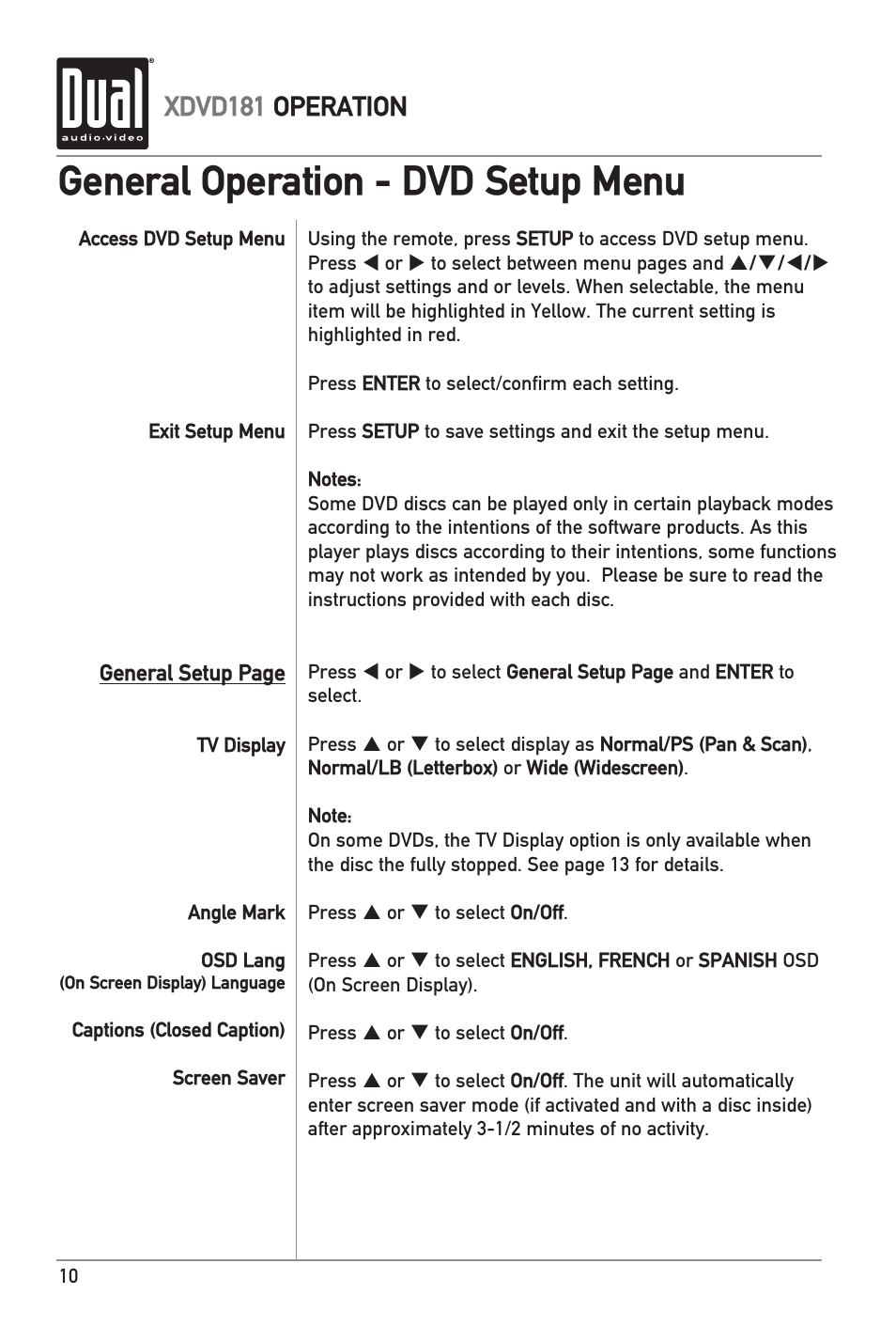 General operation - dvd setup menu, Xdvd181 operation | RCA XDVD181 User Manual | Page 10 / 20