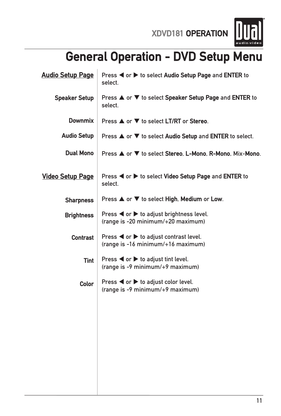 General operation - dvd setup menu, Xdvd181 operation | RCA XDVD181 User Manual | Page 11 / 20