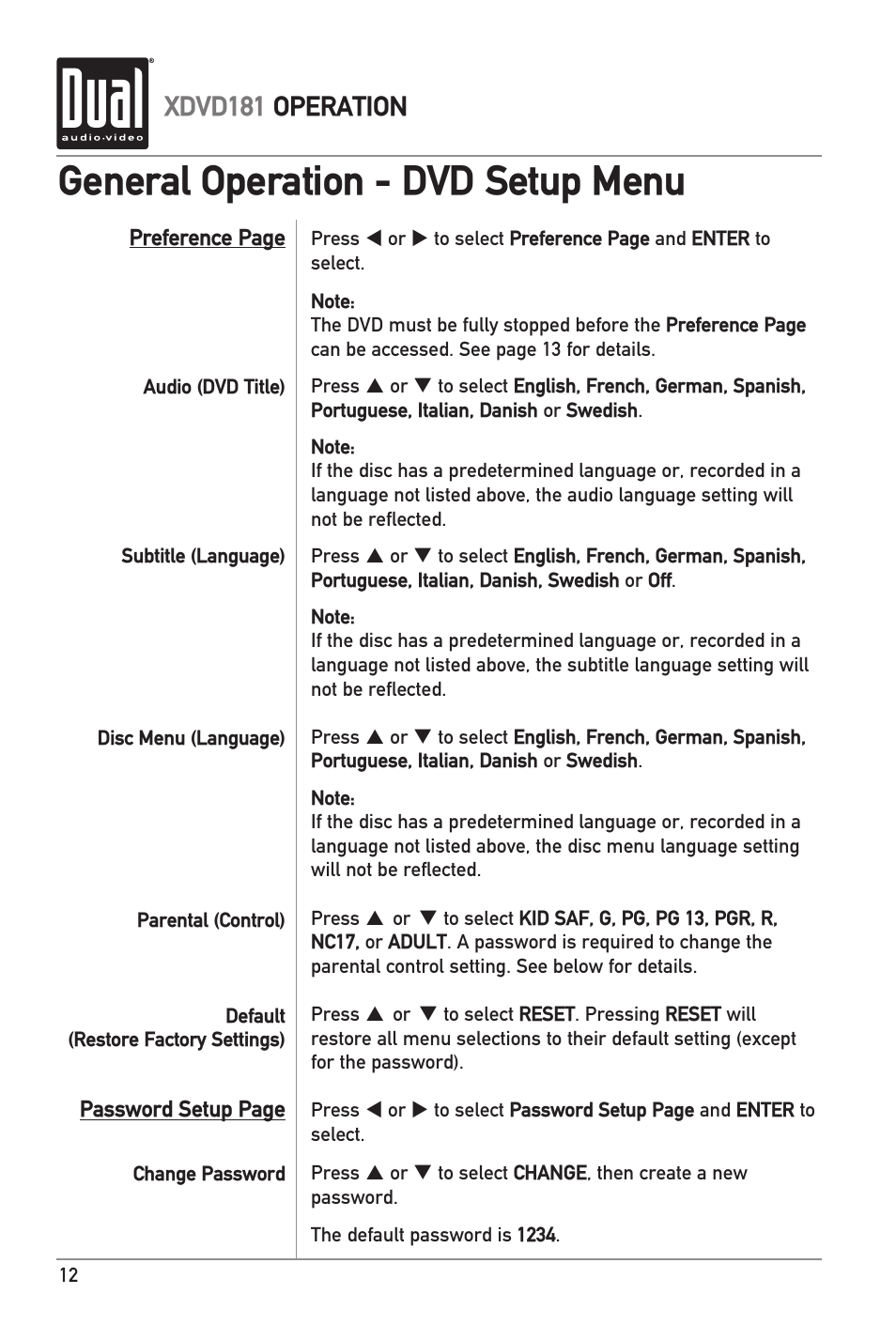 General operation - dvd setup menu, Xdvd181 operation | RCA XDVD181 User Manual | Page 12 / 20