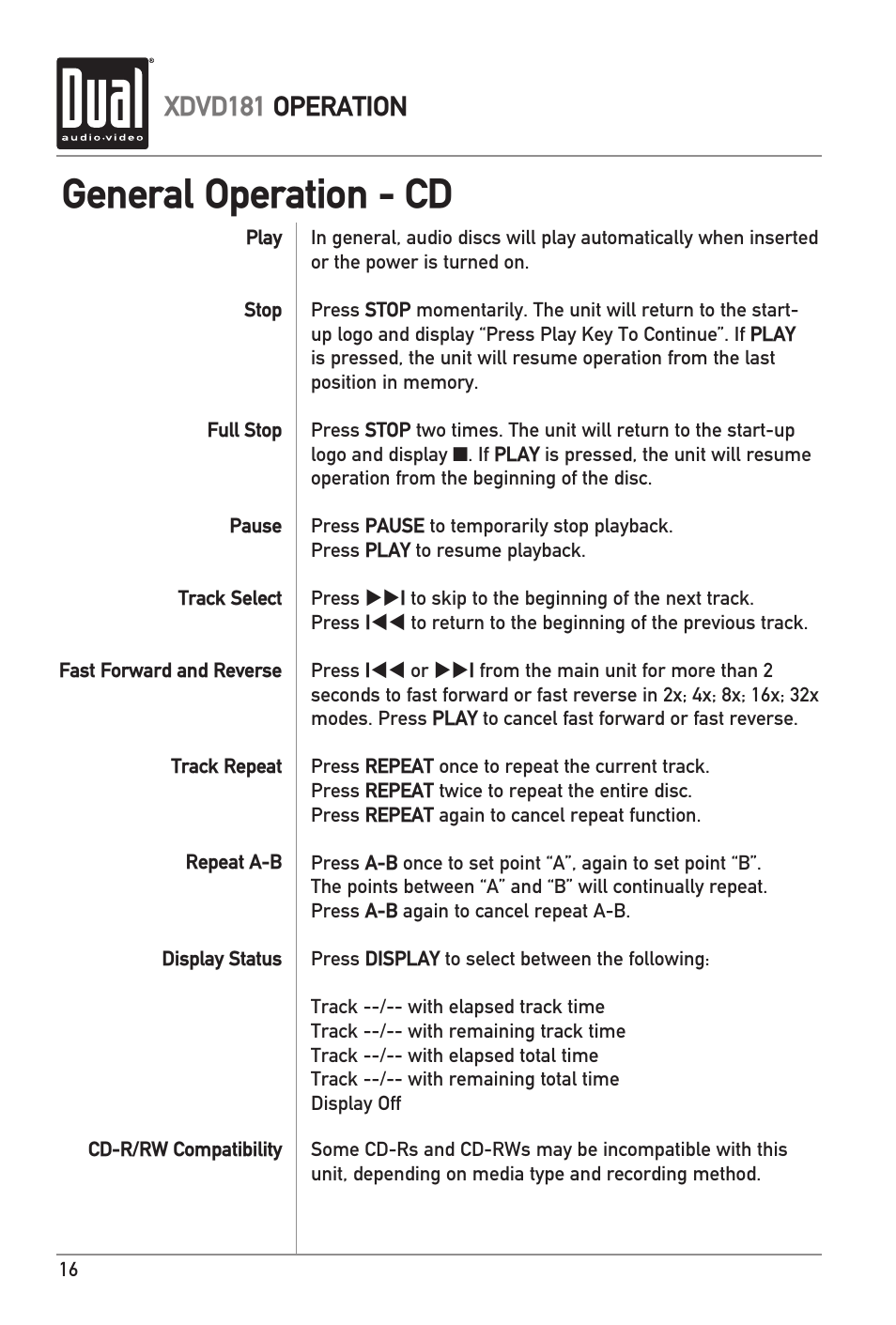 General operation - cd, Xdvd181 operation | RCA XDVD181 User Manual | Page 16 / 20