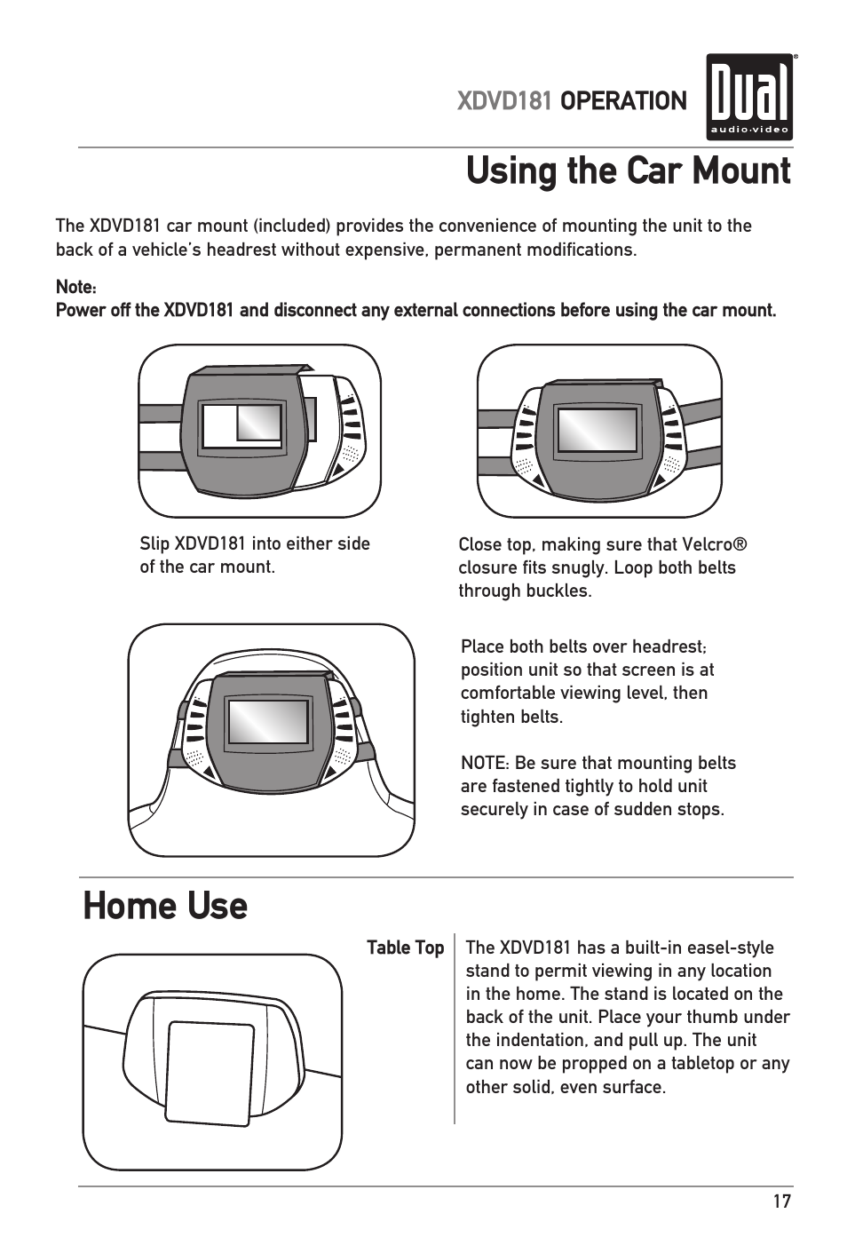 Using the car mount home use | RCA XDVD181 User Manual | Page 17 / 20