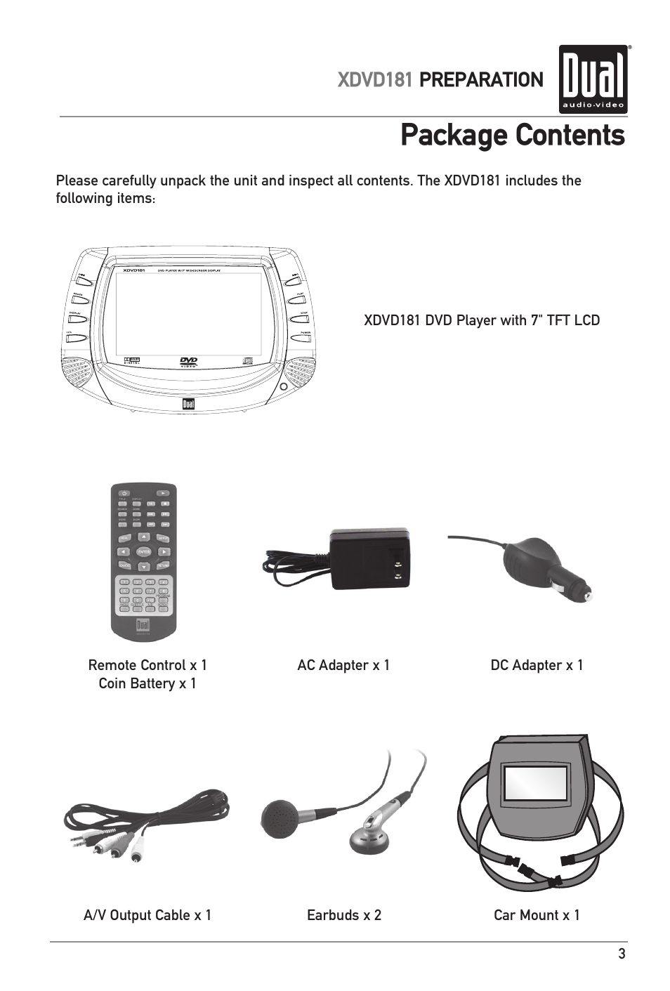 Package contents, Xdvd181 preparation | RCA XDVD181 User Manual | Page 3 / 20