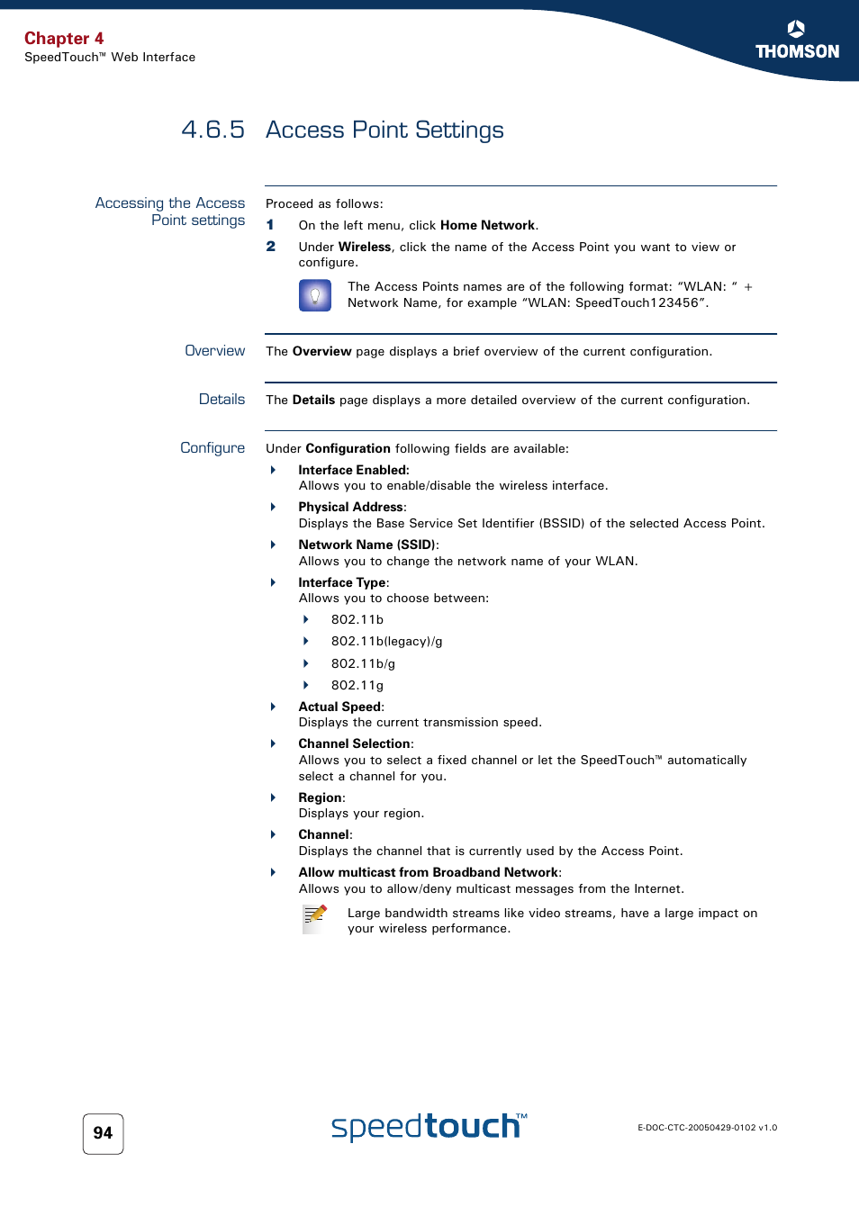 5 access point settings, Accessing the access point settings, Overview | Details, Configure, Access point settings, Chapter 4 | RCA TM580 User Manual | Page 102 / 126