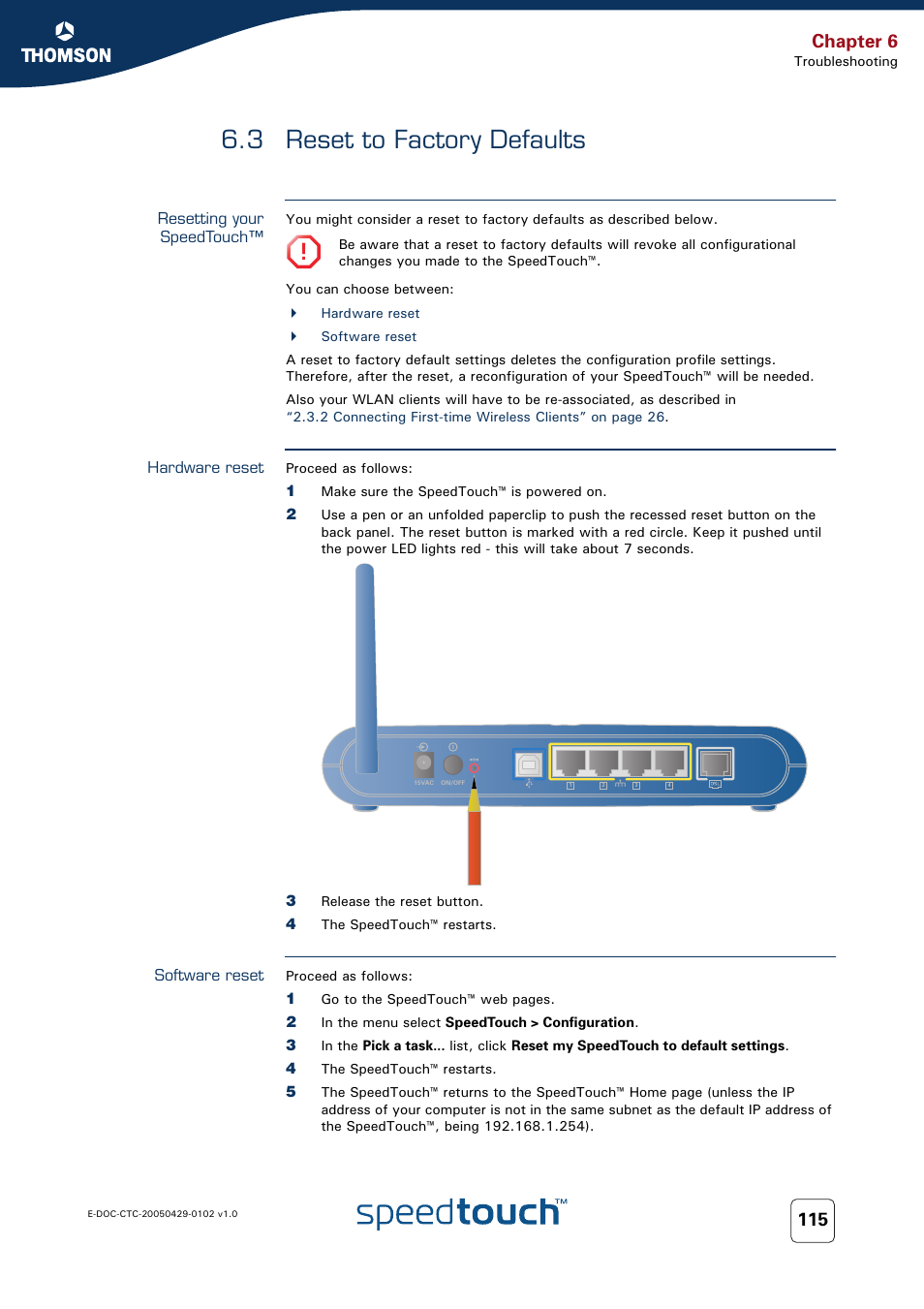 3 reset to factory defaults, Resetting your speedtouch, Hardware reset | Software reset, Reset to factory defaults, 3 reset, 3 reset to factory, Chapter 6 | RCA TM580 User Manual | Page 123 / 126