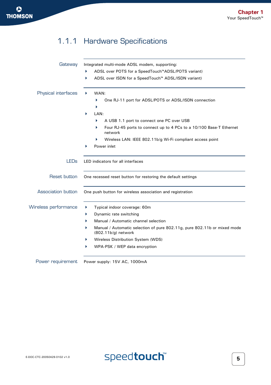 1 hardware specifications, Gateway, Physical interfaces | Leds, Reset button, Association button, Wireless performance, Power requirement, Hardware specifications, Chapter 1 | RCA TM580 User Manual | Page 13 / 126