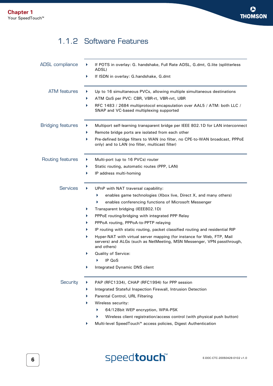 2 software features, Adsl compliance, Atm features | Bridging features, Routing features, Services, Security, Software features, Chapter 1 | RCA TM580 User Manual | Page 14 / 126