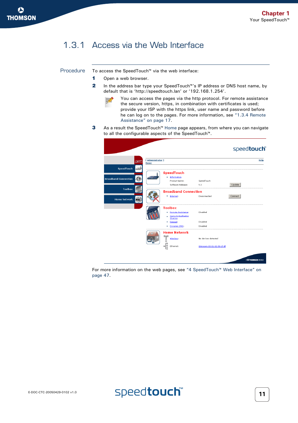 1 access via the web interface, Procedure, Access via the web interface | For more information, see, 1 access via, Chapter 1 | RCA TM580 User Manual | Page 19 / 126