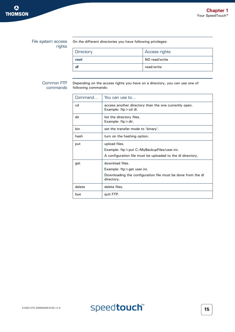 File system access rights, Common ftp commands, Chapter 1 | RCA TM580 User Manual | Page 23 / 126