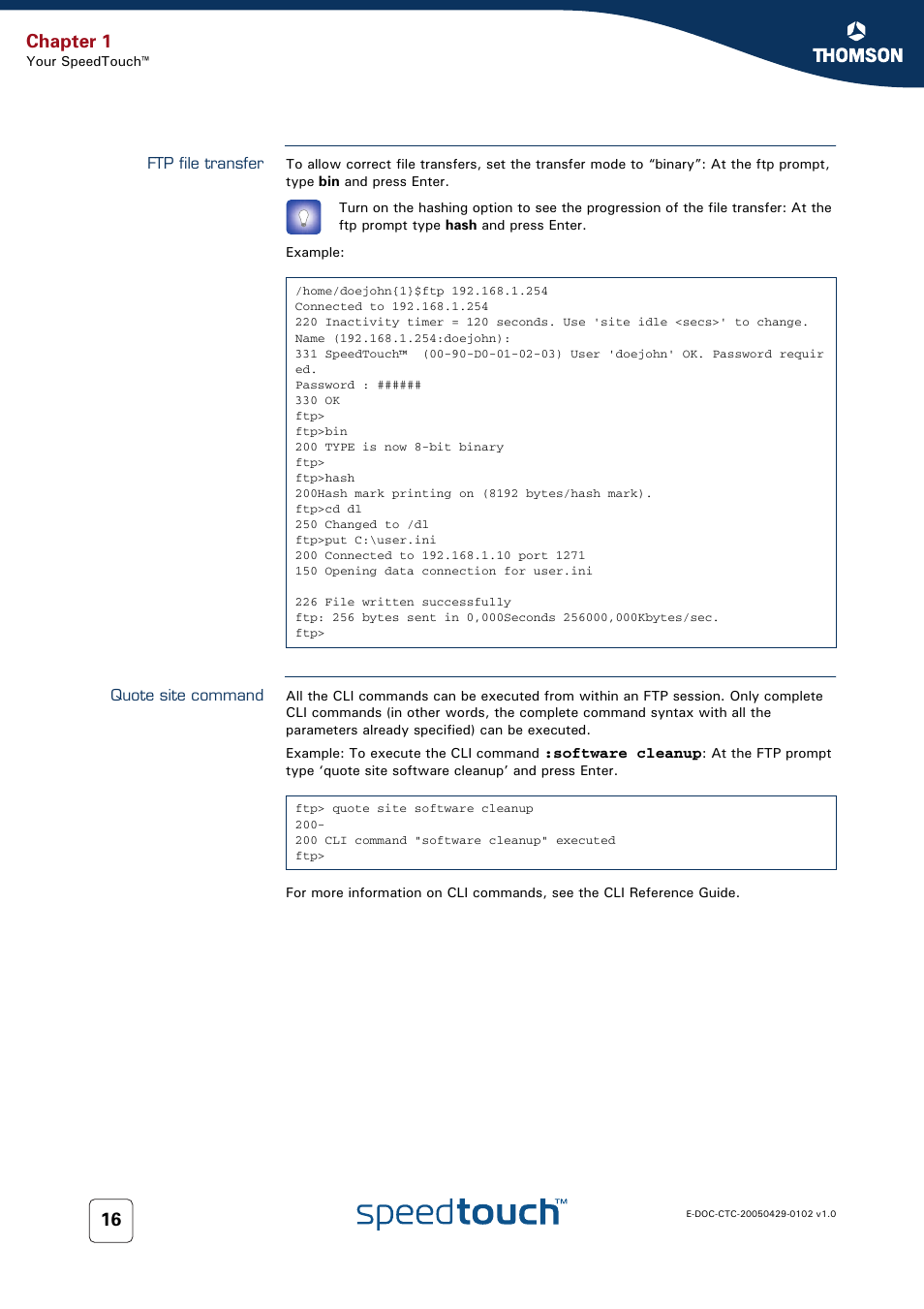 Ftp file transfer, Quote site command, Chapter 1 | RCA TM580 User Manual | Page 24 / 126