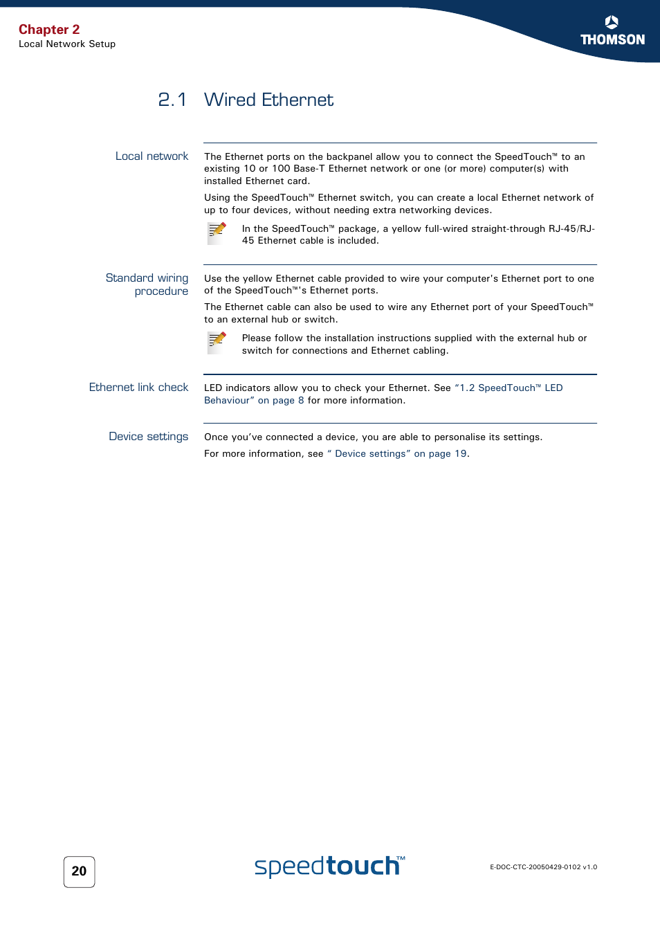 1 wired ethernet, Local network, Standard wiring procedure | Ethernet link check, Device settings, Wired ethernet, Chapter 2 | RCA TM580 User Manual | Page 28 / 126