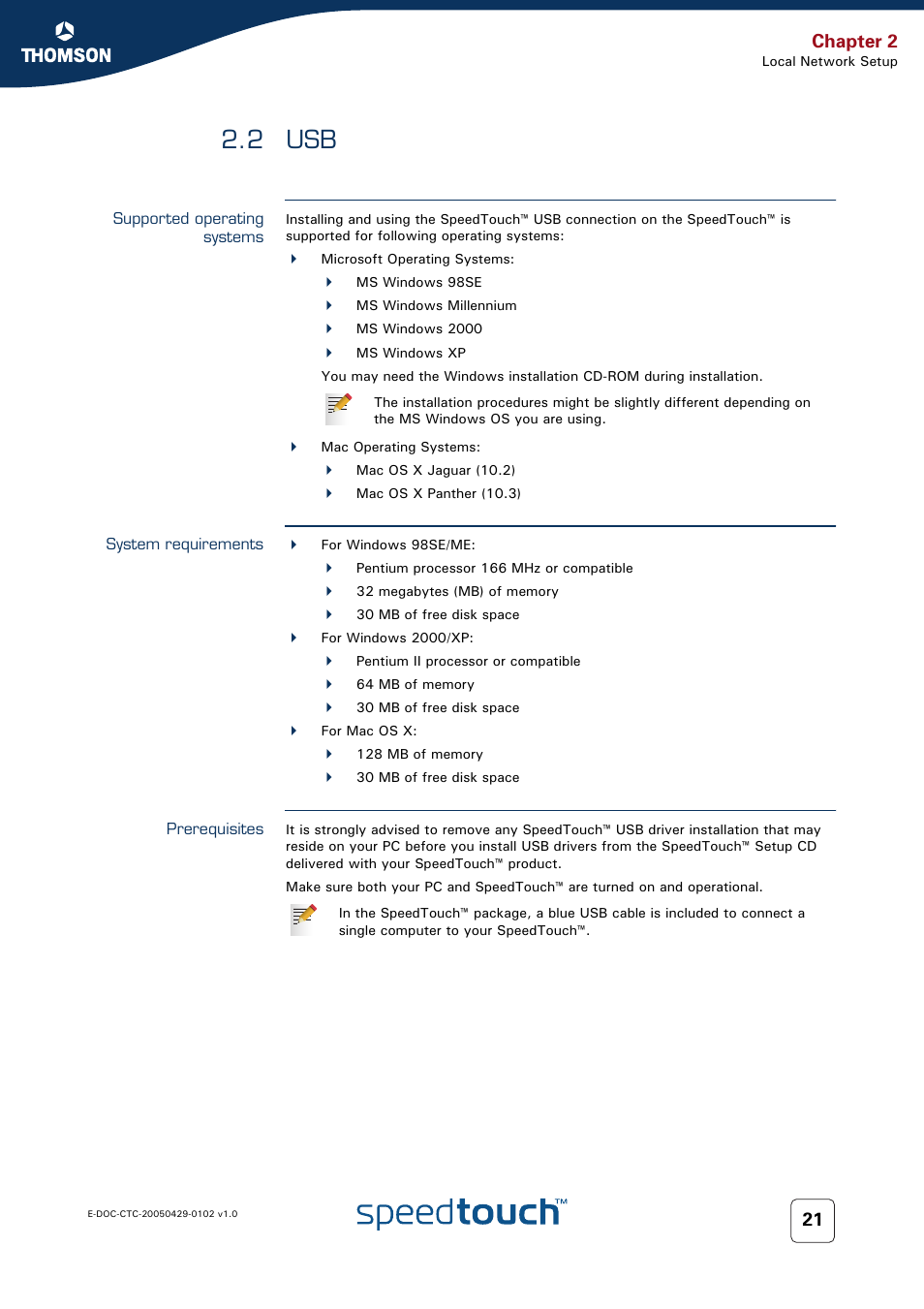 2 usb, Supported operating systems, System requirements | Prerequisites, Chapter 2 | RCA TM580 User Manual | Page 29 / 126