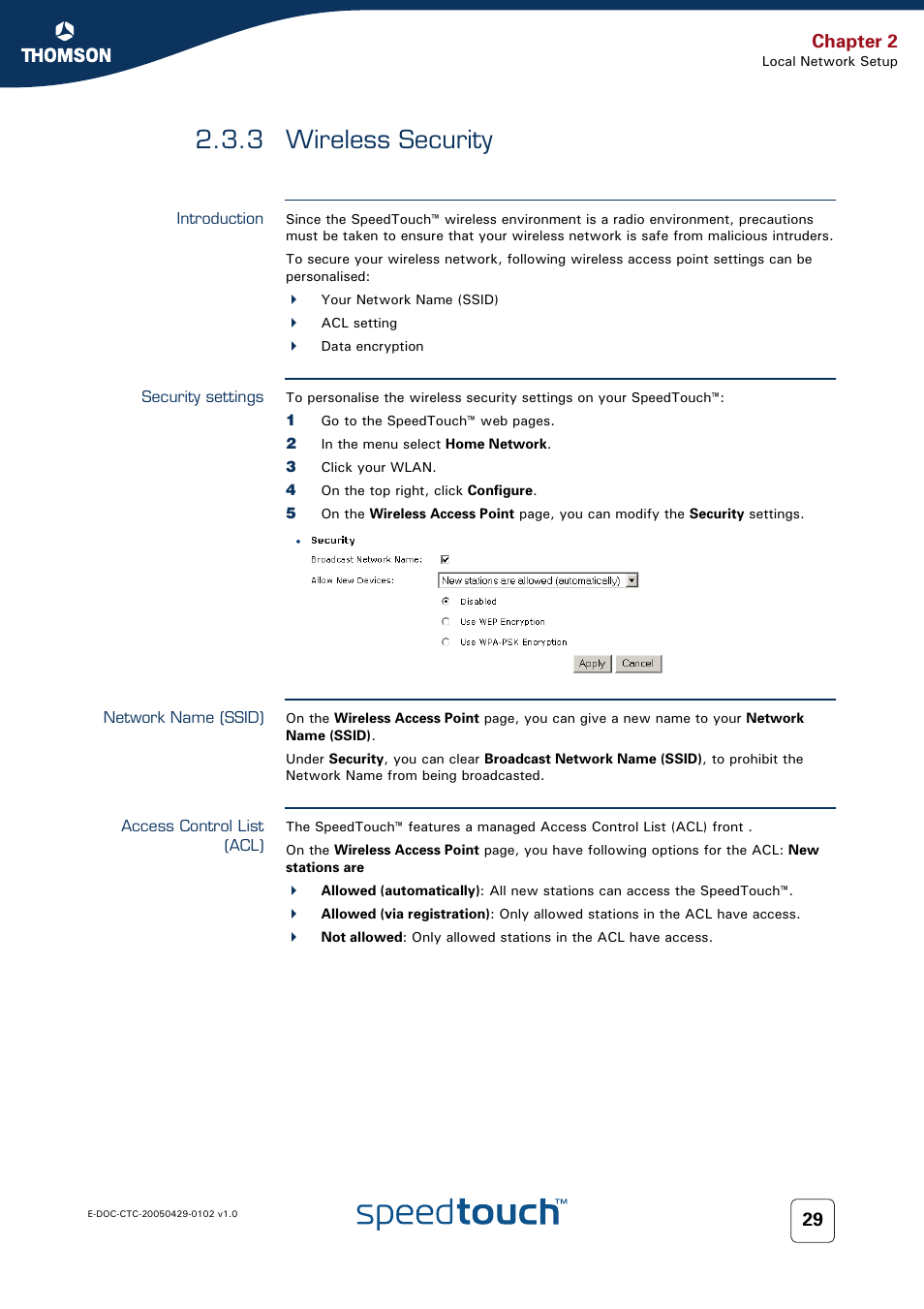 3 wireless security, Introduction, Security settings | Network name (ssid), Access control list (acl), Wireless security, Chapter 2 | RCA TM580 User Manual | Page 37 / 126