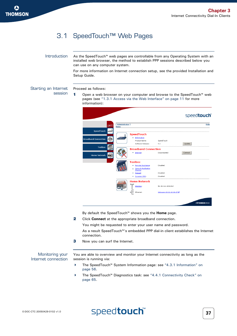 Introduction, Starting an internet session, Monitoring your internet connection | To proceed, 1 speedtouch™ web pages, Chapter 3 | RCA TM580 User Manual | Page 45 / 126
