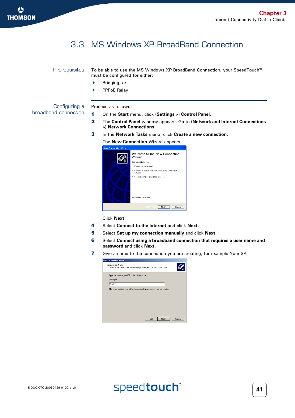 3 ms windows xp broadband connection, Prerequisites, Configuring a broadband connection | Ms windows xp broadband connection, 3 ms windows xp, Broadband connection, 3 ms, Chapter 3 | RCA TM580 User Manual | Page 49 / 126